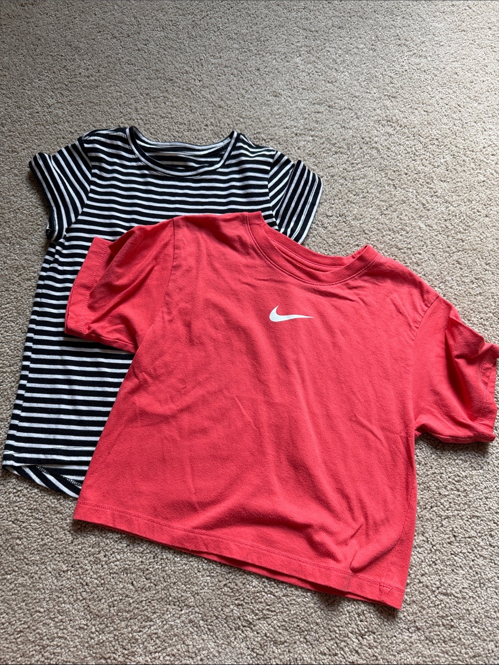 Nike Red Short-Sleeve Kids Tee with White Swoosh & black and white striped t
